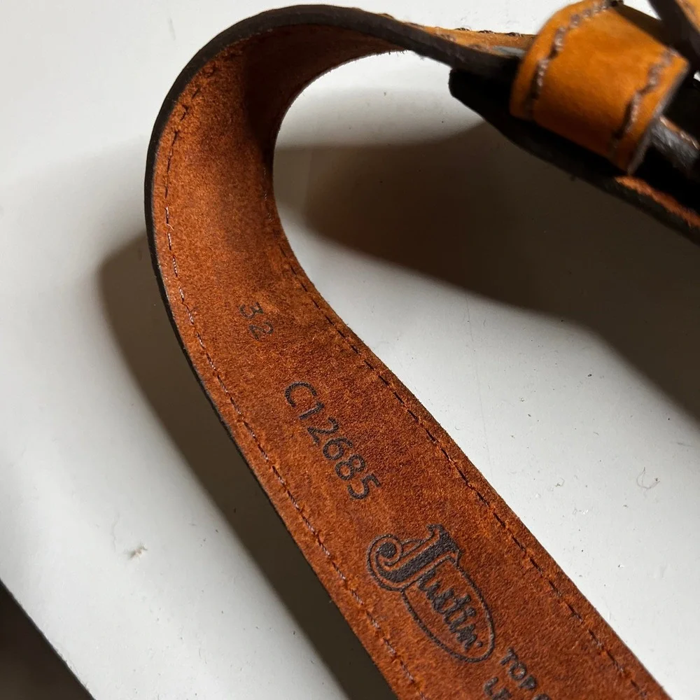 Justin Mens Brown Leather Western Belt American Flag Buckle 32 C12685 Cognac